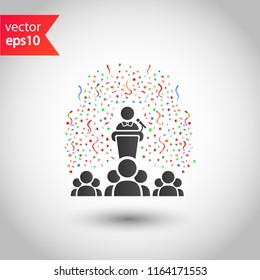 Speaker vector icon. Podium speech sign. Conference presentation speech with confetti icon. Tribune orator speech sign. Audience spokesman symbol. EPS 10 flat symbol.
