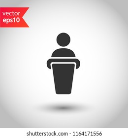 Speaker vector icon. Podium speech sign. Conference presentation speech icon. Tribune orator speech sign. Audience spokesman symbol. EPS 10 flat symbol.