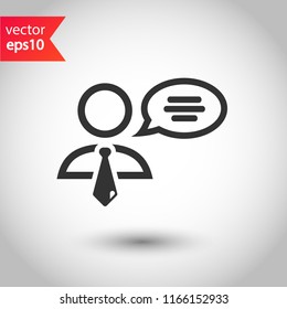 Speaker vector icon. Podium speech sign. Conference presentation speech icon. Tribune orator speech sign. Audience spokesman symbol. EPS 10 flat symbol.