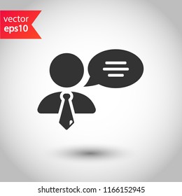 Speaker vector icon. Podium speech sign. Conference presentation speech icon. Tribune orator speech sign. Audience spokesman symbol. EPS 10 flat symbol.