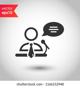 Speaker vector icon. Podium speech sign. Conference presentation speech icon. Tribune orator speech sign. Audience spokesman symbol. EPS 10 flat symbol.