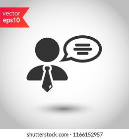 Speaker vector icon. Podium speech sign. Conference presentation speech icon. Tribune orator speech sign. Audience spokesman symbol. EPS 10 flat symbol.