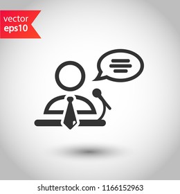 Speaker vector icon. Podium speech sign. Conference presentation speech icon. Tribune orator speech sign. Audience spokesman symbol. EPS 10 flat symbol.