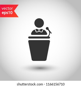 Speaker vector icon. Podium speech sign. Conference presentation speech icon. Tribune orator speech sign. Audience spokesman symbol. EPS 10 flat symbol.