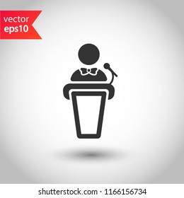 Speaker vector icon. Podium speech sign. Conference presentation speech icon. Tribune orator speech sign. Audience spokesman symbol. EPS 10 flat symbol.