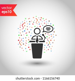 Speaker vector icon. Podium speech sign. Conference presentation speech icon. Tribune orator speech sign. Audience spokesman symbol. EPS 10 flat symbol.