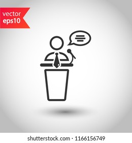 Speaker vector icon. Podium speech sign. Conference presentation speech icon. Tribune orator speech sign. Audience spokesman symbol. EPS 10 flat symbol.