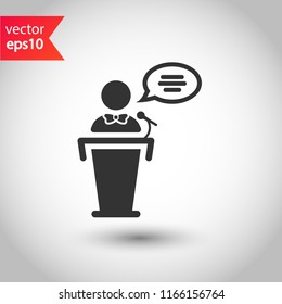 Speaker vector icon. Podium speech sign. Conference presentation speech icon. Tribune orator speech sign. Audience spokesman symbol. EPS 10 flat symbol.