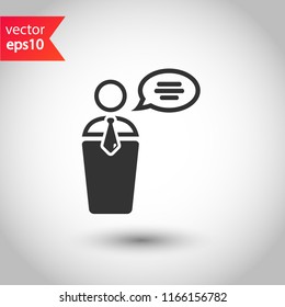 Speaker vector icon. Podium speech sign. Conference presentation speech icon. Tribune orator speech sign. Audience spokesman symbol. EPS 10 flat symbol.