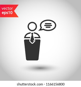 Speaker vector icon. Podium speech sign. Conference presentation speech icon. Tribune orator speech sign. Audience spokesman symbol. EPS 10 flat symbol.