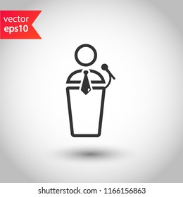 Speaker vector icon. Podium speech sign. Conference presentation speech icon. Tribune orator speech sign. Audience spokesman symbol. EPS 10 flat symbol.