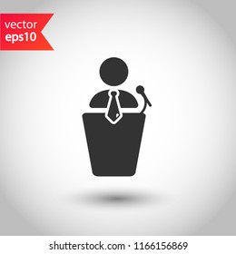 Speaker vector icon. Podium speech sign. Conference presentation speech icon. Tribune orator speech sign. Audience spokesman symbol. EPS 10 flat symbol.
