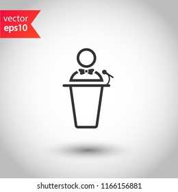 Speaker vector icon. Podium speech sign. Conference presentation speech icon. Tribune orator speech sign. Audience spokesman symbol. EPS 10 flat symbol.