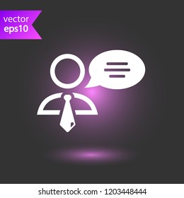 Speaker vector icon. Podium speech sign. Conference presentation speech icon. Tribune orator speech sign. Audience spokesman symbol. EPS 10 flat symbol.