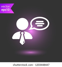 Speaker vector icon. Podium speech sign. Conference presentation speech icon. Tribune orator speech sign. Audience spokesman symbol. EPS 10 flat symbol.