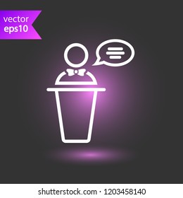 Speaker vector icon. Podium speech sign. Conference presentation speech icon. Tribune orator speech sign. Audience spokesman symbol. EPS 10 flat symbol.