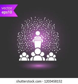 Speaker vector icon. Podium speech sign. Conference presentation speech icon. Tribune orator speech sign. Audience spokesman symbol. EPS 10 flat symbol.