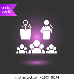 Speaker vector icon. Podium speech sign. Conference presentation speech icon. Tribune orator speech sign. Audience spokesman symbol. EPS 10 flat symbol.
