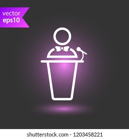 Speaker vector icon. Podium speech sign. Conference presentation speech icon. Tribune orator speech sign. Audience spokesman symbol. EPS 10 flat symbol.