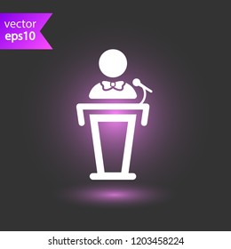 Speaker vector icon. Podium speech sign. Conference presentation speech icon. Tribune orator speech sign. Audience spokesman symbol. EPS 10 flat symbol.