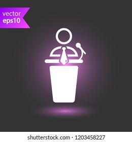 Speaker vector icon. Podium speech sign. Conference presentation speech icon. Tribune orator speech sign. Audience spokesman symbol. EPS 10 flat symbol.