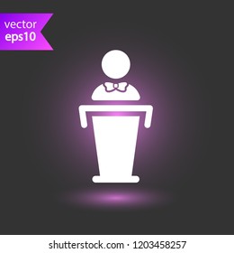 Speaker vector icon. Podium speech sign. Conference presentation speech icon. Tribune orator speech sign. Audience spokesman symbol. EPS 10 flat symbol.