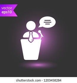 Speaker vector icon. Podium speech sign. Conference presentation speech icon. Tribune orator speech sign. Audience spokesman symbol. EPS 10 flat symbol.