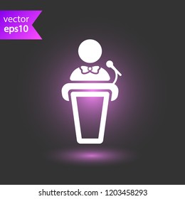 Speaker vector icon. Podium speech sign. Conference presentation speech icon. Tribune orator speech sign. Audience spokesman symbol. EPS 10 flat symbol.
