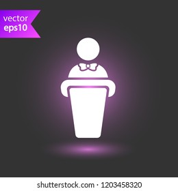 Speaker vector icon. Podium speech sign. Conference presentation speech icon. Tribune orator speech sign. Audience spokesman symbol. EPS 10 flat symbol.