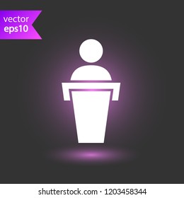 Speaker vector icon. Podium speech sign. Conference presentation speech icon. Tribune orator speech sign. Audience spokesman symbol. EPS 10 flat symbol.