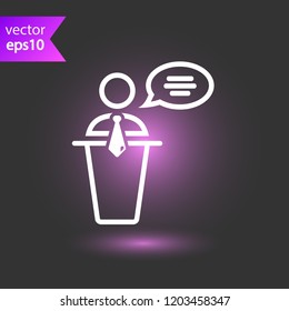 Speaker vector icon. Podium speech sign. Conference presentation speech icon. Tribune orator speech sign. Audience spokesman symbol. EPS 10 flat symbol.