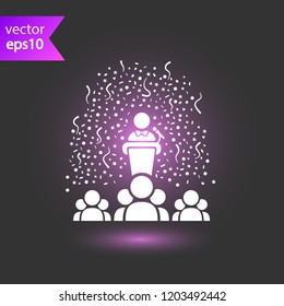 Speaker vector icon. Podium speech sign. Conference presentation speech icon. Tribune orator speech sign. Audience spokesman symbol. EPS 10 flat symbol.