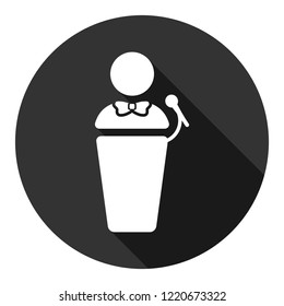 Speaker vector icon. Podium speech sign. Conference presentation speech icon. Tribune orator speech sign. Audience spokesman symbol. EPS 10 flat symbol. Round icon with shadow