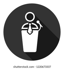 Speaker vector icon. Podium speech sign. Conference presentation speech icon. Tribune orator speech sign. Audience spokesman symbol. EPS 10 flat symbol. Round icon with shadow