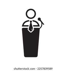 Speaker vector icon. Podium speech sign. Conference presentation speech icon. Tribune orator speech sign. Audience spokesman symbol. EPS 10 politician pictogram.