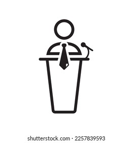 Speaker vector icon. Podium speech sign. Conference presentation speech icon. Tribune orator speech sign. Audience spokesman symbol. EPS 10 politician pictogram.