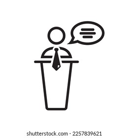 Speaker vector icon. Podium speech sign. Conference presentation speech icon. Tribune orator speech sign. Audience spokesman symbol. EPS 10 politician pictogram.