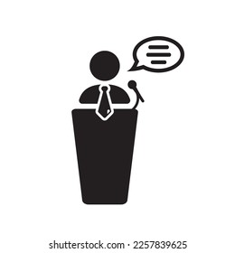 Speaker vector icon. Podium speech sign. Conference presentation speech icon. Tribune orator speech sign. Audience spokesman symbol. EPS 10 politician pictogram.
