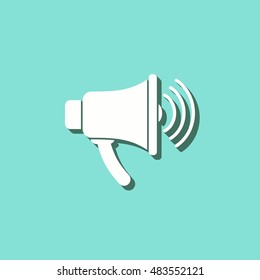 Speaker vector icon with shadow. White illustration isolated on green background for graphic and web design.