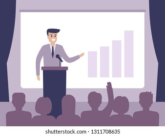 Speaker view diagram on board, business presentation in hall. Workshop, politician or motivation concept. Vector illustration flat style.