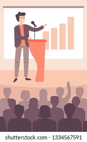Speaker view diagram on board, business presentation in hall. Workshop, politician or motivation concept. Cartoon character of man. Vector illustration flat style. 
