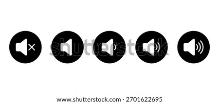 Speaker volume icon in black circle. Sound and audio level symbol. Mute and loud speaker sign