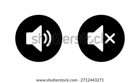 Speaker volume icon in black circle. Sound and mute audio symbol. Loud and silent sign