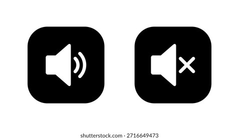 Icono de volumen del altavoz en cuadrado negro. Sonido y símbolo de audio mudo. Señal ruidosa y silenciosa