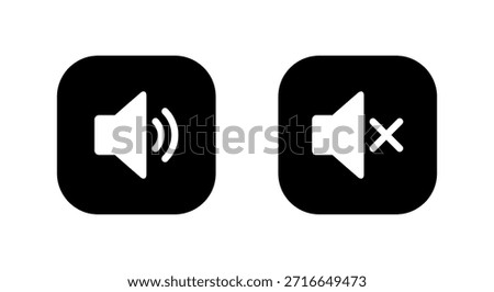 Speaker volume icon in black square. Sound and mute audio symbol. Loud and silent sign