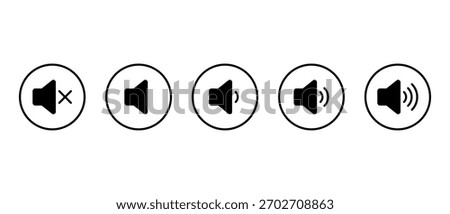 Speaker volume icon in circular outline. Sound and audio level symbol. Mute and loud speaker sign