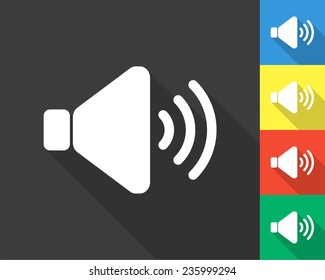 speaker volume icon - gray and colored (blue, yellow, red, green) vector illustration with long shadow