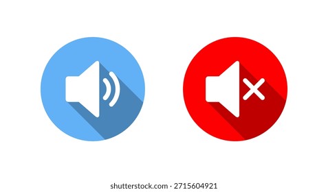 Icono de volumen del altavoz con sombra larga. Sonido y símbolo de audio mudo. Señal ruidosa y silenciosa