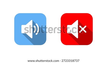 Speaker volume icon with long shadow. Sound loud and mute audio symbol