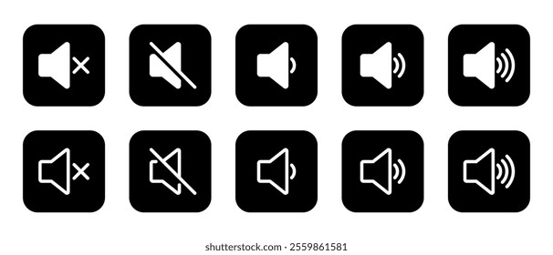 Speaker volume icon set collection. Audio, sound level sign symbol on black square